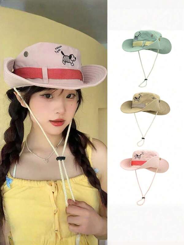 1pc Pink Puppy Embroidered Sun Hat, Women Summer Outdoor Camping Sun Protection Bucket Hat, Travel Western Cowboy Hat