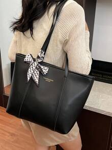 Túi tote PU thời trang màu trơn trang trí khăn quàng cổ, túi đeo vai tối giản cổ điển dung tích lớn, túi xách thường ngày nhiều ngăn phù hợp cho phụ nữ - màu đen - Xem 10