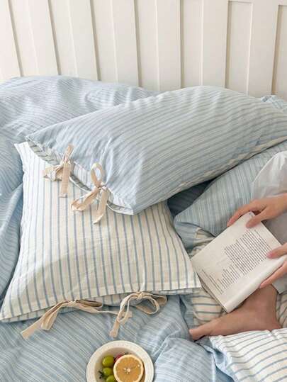 1pc Korean Style Bow Cotton Pillowcase, Light Beige/Ivory/Khaki/Pink Comfortable, Striped With Bow Decor, Suitable For Living Room, Bedroom, Dorm, Machine Washable (Inner Pillow Not Included)