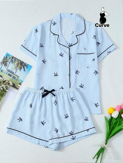 2pcs Plus Size Women Cute Striped Bow Print Pajama Set, Lapel Button Short Sleeve Top And Bow Shorts, Summer Sleepwear & Loungewear, Cool Light Blue