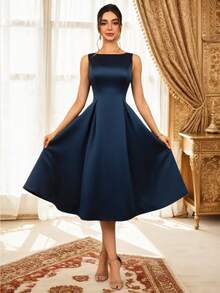 MOEVIO Women's Elegant Round Neck Satin Backless Aline Short Formal Evening Prom Cocktail Mini Dress Wedding Guest Bridal Shower Graduation Vacation Gown, Fall Homecoming Back-To-School Occasional Halloween Christmas New Year Dresses For Women