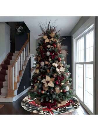 1 pieza/260 piezas Falda para árbol de Navidad, alfombra con patrón de coche y casa rojos, adecuada para decoración de piso interior y exterior, falda para árbol de Navidad, alfombra de piso para reunión familiar navideña