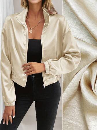 KeKe Bloomly Dam Casual Dragkedja Långärmad Champagne Guld Baseballjacka, Normal Passform, Modern