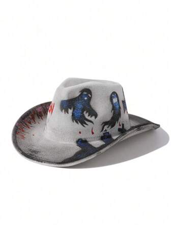 LEAJOURNO. 1 pièce Chapeau de jazz unisexe à large bord, style britannique rétro, graffiti peint à la main, pour l'automne/hiver. Accessoire décoratif unique