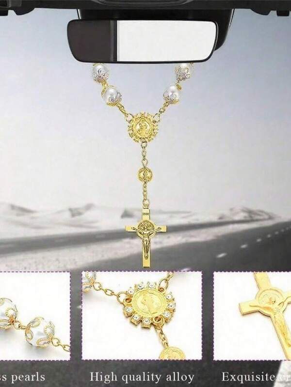 Ornamente auto Retro Faux Pearl Cruce agățat mașina spate agățat Auto Interior View Mirror cadou de ziua de naștere Auto agățat ornament