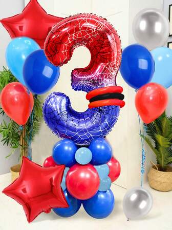 58/116 件蜘蛛主题气球套装，包括红色、蓝色、金属银色乳胶气球和 18 英寸红星气球、40 英寸巨型蜘蛛数字气球、卡通超级英雄数字、生日派对和主题派对装饰，室内和室外使用