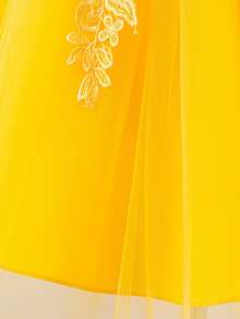 Girls' Lace Patchwork Princess Dress With Handmade 3D Floral Decor, Tulle Skirt, Ballet Dance Recital Costume, Elegant Party Dress, Simple Solid Color Layered Mesh Maxi Dress With Bowknot Back For Kids - Yellow - View 10