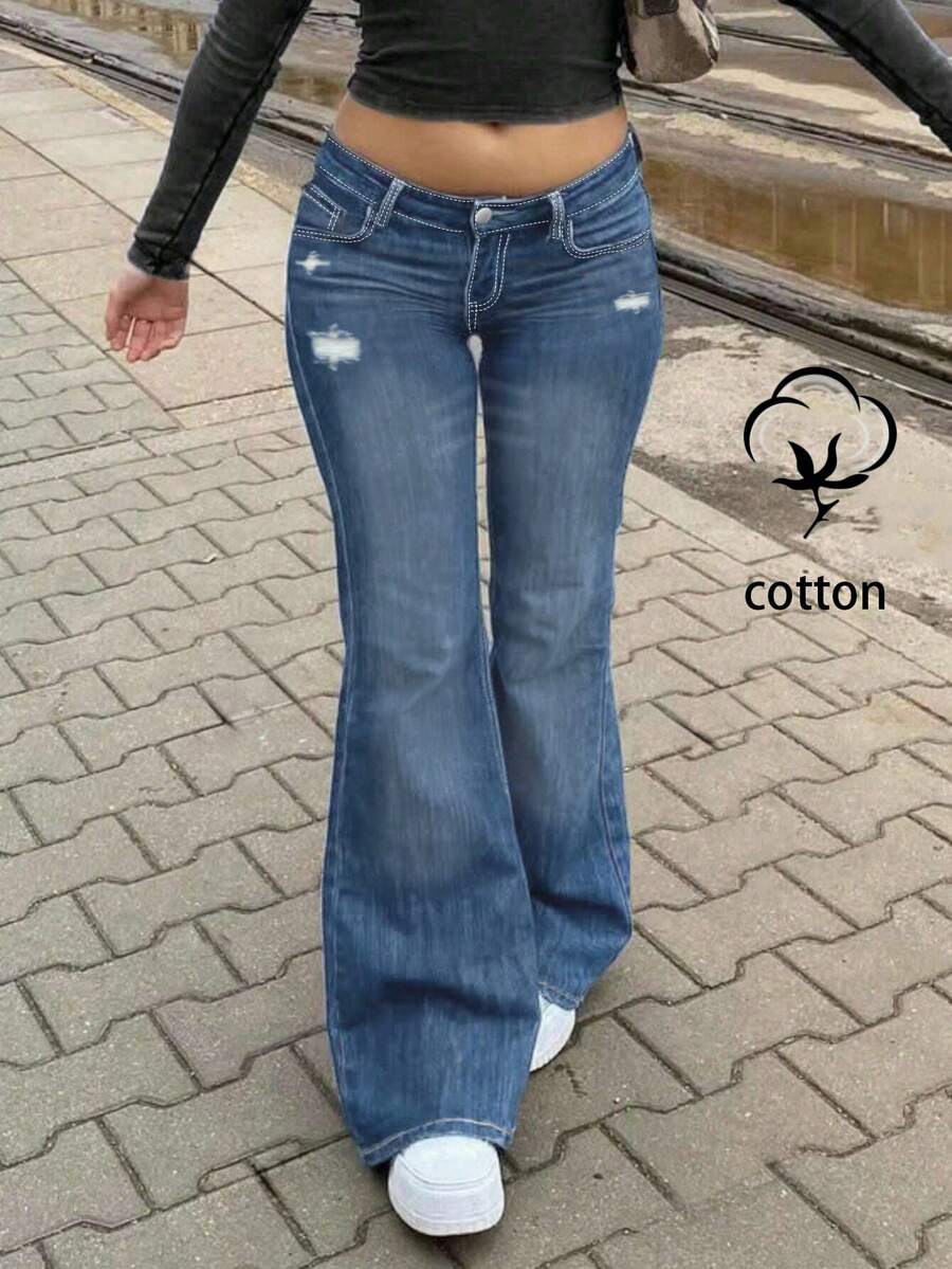 Elegant Casual European & American Style Women's Slim Fit Flare Leg Jeans - Dark Wash - View 1