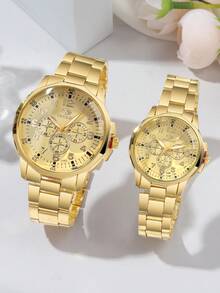 2件套时尚商务休闲情侣手表，多功能圆形表盘钢带石英表，情侣礼品套装，适合返校、派对、婚礼、节日、户外活动、万圣节、圣诞节和日常佩戴，情侣最佳礼物 - 金色 - 查看 14