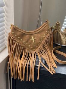 复古棕色流苏包，独特设计，复古西部仿牛仔风格，小众波西米亚斜挎包，用途广泛，适合女性 - 棕色 - 查看 2