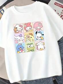 SANRIO Women's Short-Sleeved Crew Neck Casual T-Shirt With  Print. Made Of Pure Cotton. Machine Washable. Suitable For All Seasons. Summer Wear. Fun, Sexy, Avant-Garde And Personalized Design. Opaque Fabric. - 白色 - 查看 1