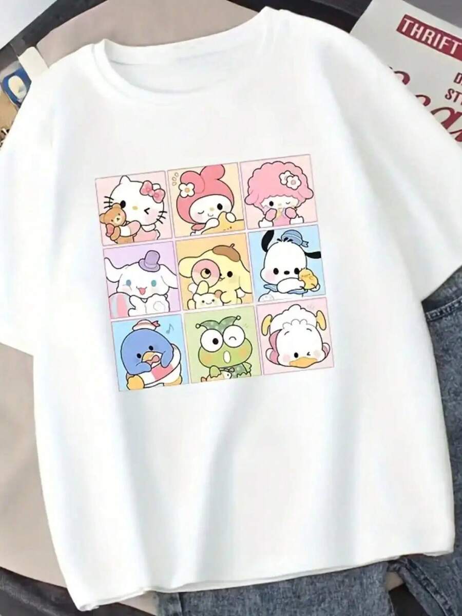 SANRIO Women's Short-Sleeved Crew Neck Casual T-Shirt With  Print. Made Of Pure Cotton. Machine Washable. Suitable For All Seasons. Summer Wear. Fun, Sexy, Avant-Garde And Personalized Design. Opaque Fabric. - 白色 - 查看 1