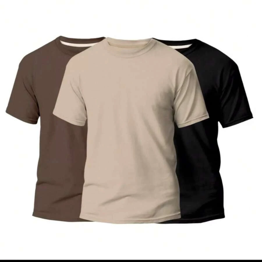 Kit 3 T-Shirts Basic Slim Men's T-Shirt Streetwear Casual Plain Unisex Promotion - 米色+咖啡色+黑色 - 查看 1