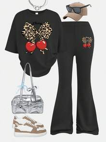 2件套少女樱桃豹纹套装，短袖喇叭裤，柔软舒适，适合夏季休闲穿着。 - 黑色 - 查看 2