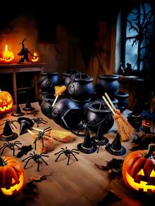 24pcs/Set Mini Plastic Cauldrons With Mini Witch Brooms, Black Witch Cauldrons With Handles, Children's Halloween Candy, St. Patrick's Day Coins Holder And Party Favors (12 Cauldrons + 12 Brooms) - Multicolor - View 1