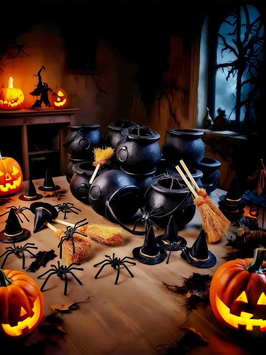 24pcs/Set Mini Plastic Cauldrons With Mini Witch Brooms, Black Witch Cauldrons With Handles, Children's Halloween Candy, St. Patrick's Day Coins Holder And Party Favors (12 Cauldrons + 12 Brooms) - Multicolor - View 1