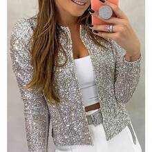 New European And American Women's Fashion Stand Collar Color Block Sequin Jacket Short Casual Versatile Small Jacket - black - 查看 8