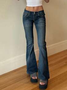 European & American Y2K Street Fashion Tight Low-Waist Flare Leg Jeans - Dark Wash - View 2