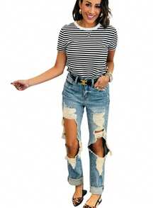 Women's Casual Ripped Washed Denim Jeans Long Tapered Carrot Style With Button And Zipper Details, High Stretch Fabric For Sexy Elegant Look - 中等水洗藍 - 查看 6