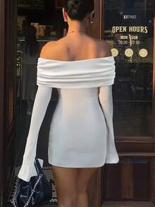 Women's Elegant Solid Color Off Shoulder Commuter Minimalist Dress With Ruched Shoulder Design, Black Oversized 3D Floral Decor, Flared Hem And Mini Slit