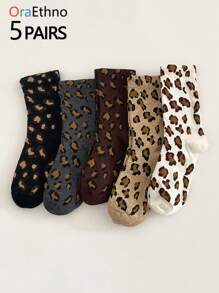 1/5 双女士豹纹中筒袜，舒适休闲透气吸湿排汗袜，趣味新奇礼物，秋季