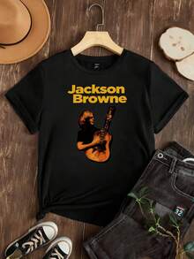 Women's-Shirt Casual Round Neck Black White Options Jackson Browne Guitar Print Graphic Tee Summer Tops Ladies Shirts Summer Tops Graphic Tees Summer Outfits Women Graphic Tees Women Crop Tops Tops Women Vintage Cotton Cute Clothes Women - màu đen - Xem 2