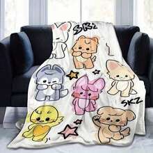 1PC Creative KPOP SKZOO Pattern Flannel Blanket, Machine Washable, Soft And Comfortable Flannel Blanket, Lightweight Wool Blanket, Comfortable Air Conditioning Blanket, Home Decoration, Suitable For Four Seasons, Friend Gift, Suitable For Sofa, Bed, Car, Office, Camping, Travel, Outdoor, Suitable For Giving To Family And Friends.The Perfect Gift For Sons, Daughters, Grandmothers, Grandfathers, Fathers, Mothers, Uncles, And Aunts - 彩色 - 查看 2