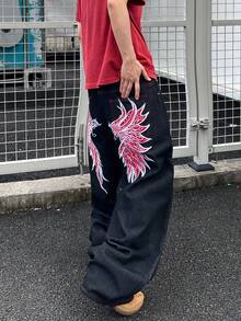 1pc Men's Loose Fit Embroidered Jeans, Comfortable Streetwear Casual Pants (Belt And Accessories Not Included)