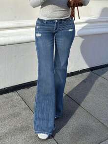 Elegant Casual European & American Style Women's Slim Fit Flare Leg Jeans - Dark Wash - View 2