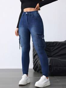 And Sexy Women's Tight Jeans, Solid Color Casual Jeans, Mid Waist Low Elasticity, Waist Cinching And Hip Lifting, Slim And Sexy, Suitable For All Seasons, Paired With Side Flip Pockets, Fashionable And Simple, Suitable For Valentine's Day, Back To School Season, Bachelor Party, Bar, Nightclub, Going Out, Campus, Work, Travel, Street Girl, Rebellious Girl - 藍色 - 查看 5