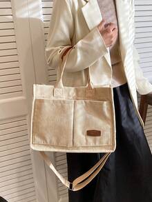 Bolso de mano plegable de pana a rayas, de gran capacidad - Caqui - Ver 7