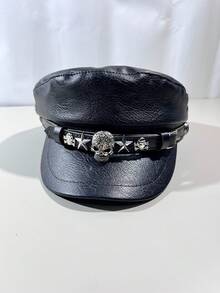 Unisex Couple Beret Hat, Suitable For All Seasons, Original Design, Rock Fashion, Leopard Print, Navy Blue Beret, Personalized Rivet Leather Buckle, Retro Leather Newsboy Cap, Metal Spider Decoration, Punk PU Leather Distressed Octagonal Cap - Butterfly - View 16