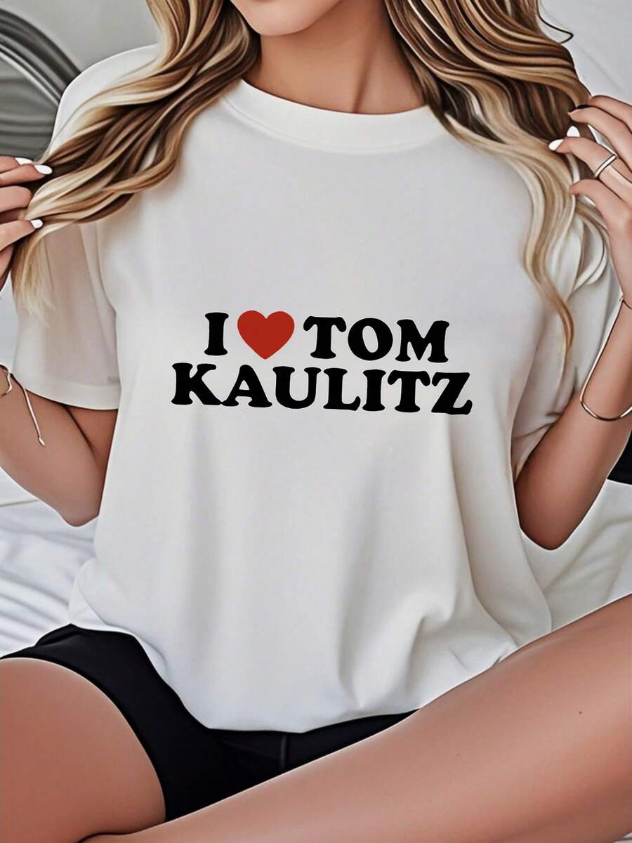 Women's-Shirt Casual Round Neck Black White Options I ♥   TOM KAULITZ Print Graphic Tee Summer Daily Wear Shirts Summer Tops Graphic Tees Summer Outfits Women Graphic Tees Women Crop Tops Tops Women Vintage Cotton Cute Clothes Women - trắng - Xem 1