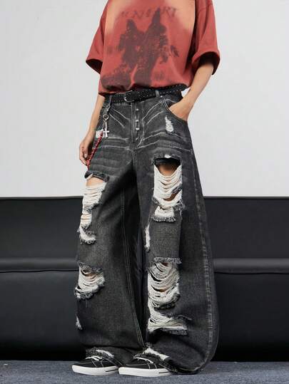 1pc Vintage Distressed Ripped Infinite Jeans, Loose Fit Flare Leg Washed Denim Pants (Excluding Belt And Accessories)