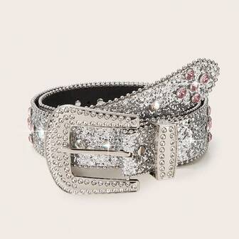 1件西部风格银色亮片串珠水钻装饰时尚派对腰带，适合女性，完美适用于狂欢节、返校季、圣诞节、万圣节和日常佩戴 - 配饰