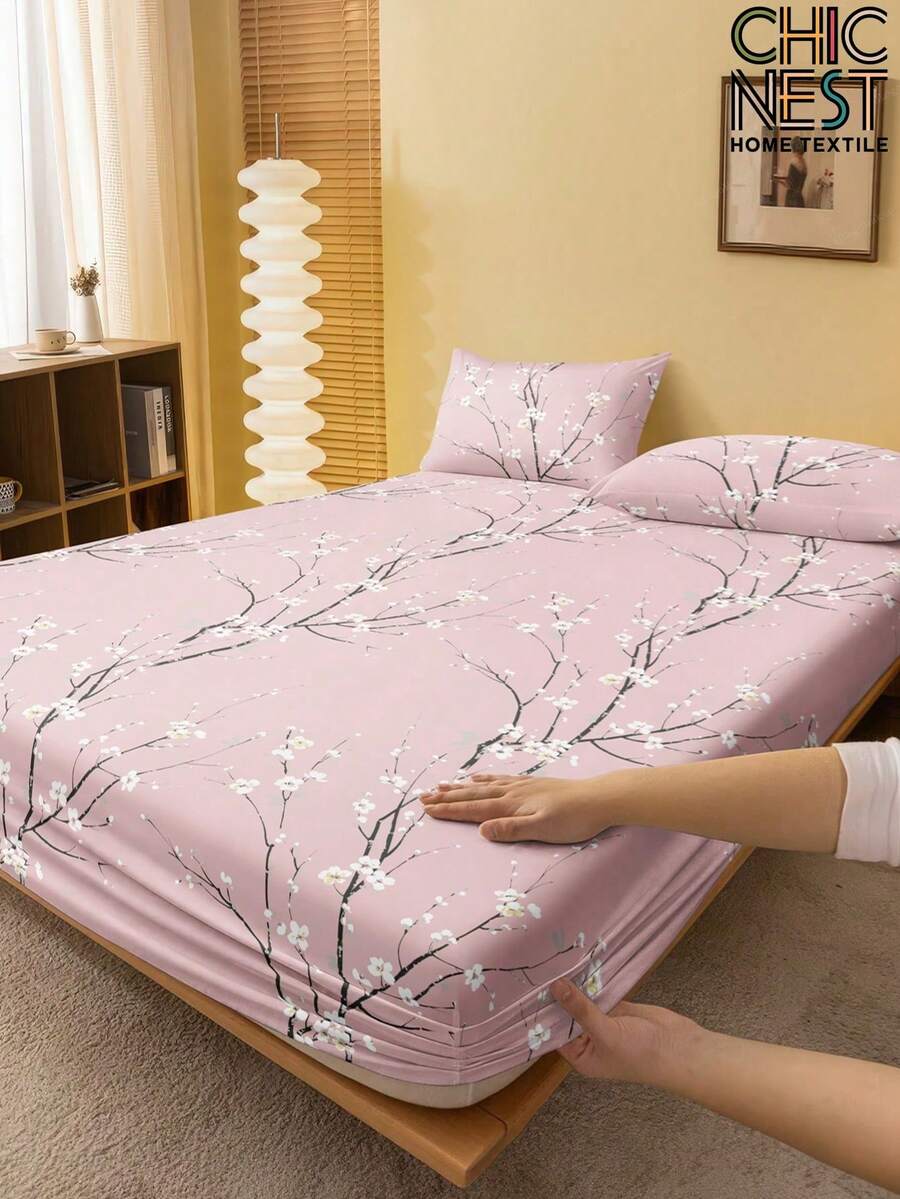 1 bộ ga trải giường họa tiết hoa mai hồng, tấm bảo vệ nệm họa tiết cành cây, ga phủ nệm ngày Valentine, ga trải giường ôm sát nệm, mềm mại và thoáng khí, phù hợp với giường đơn, giường đôi, giường cỡ Queen, giường cỡ King, bộ ga giường có túi sâu, đồ dệt gia dụng, bộ ga giường ký túc xá cho mùa tựu trường. - Hồng - Xem 1