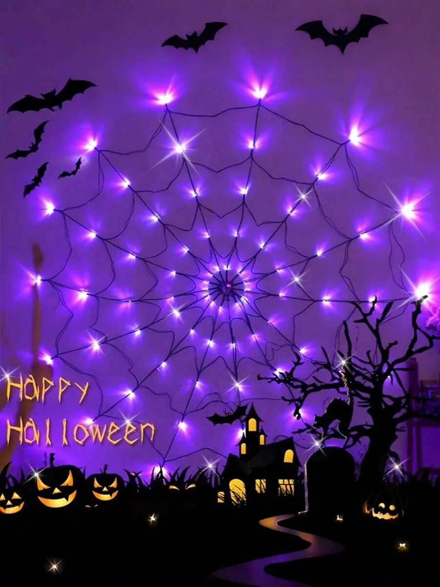 1 Peça Luz de Aranha & Teia de Aranha - Luz de Janela de Teia de Aranha, Luz de Halloween Operada a Bateria com 8 Modos, Adequada para Festa, Quarto, Casa Assombrada, Luzes de Corda de Atmosfera, Decoração de Halloween, Decoração de Natal (Aranha Não Incluída) - Preto - Visão 1