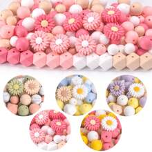50pcs/Set Daisy Sunflower Focal Beads 12/15mm Round Silicone Beads 14mm Mini Hexagon Silicone Rubber Decorative Beads For DIY Beading Key Chain Bracelet Necklace Beaded Pen Jewelry Craft Accessories Valentines