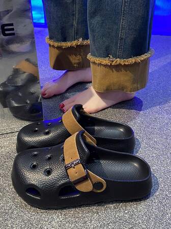 Women's Summer Thick Sole Non-Slip Sandals, Fashionable Hole Punch Shoes, Wear-Resistant For Work