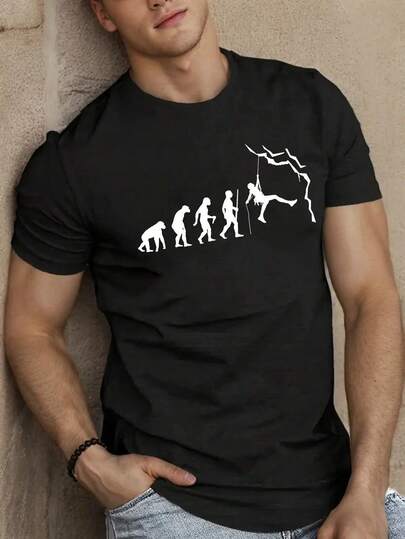 Camiseta Casual de Manga Corta para Hombre - Gráfico de Evolución de Escalada, Negra con Diseño Blanco, Top Transpirable de Verano para Entusiastas del Aire Libre, Accesorios de Escalada