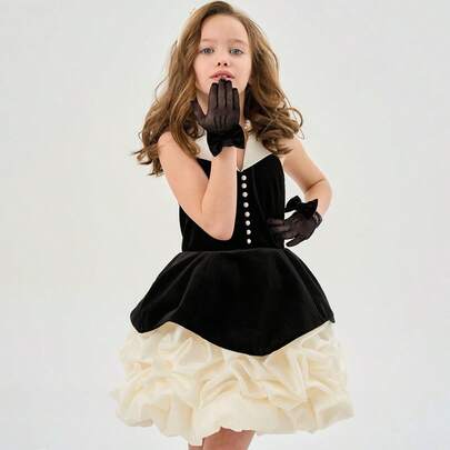 Girls' Elegant Pearl Velvet Collar Bow Tie Neck Floral Dress, Princess Dress For Performance, Birthday Party, Christmas
