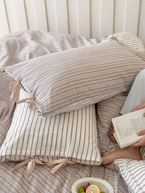 1 fronha com laço estilo coreano, bege/cáqui/rosa confortável, listrada com decoração de laço, adequada para sala de estar, quarto, dormitório, lavável à máquina (travesseiro interno não incluído)