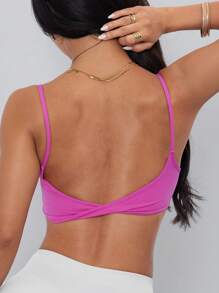 女士运动文胸，扭结后背设计，时尚纯色运动背心，带可拆卸胸垫，适合瑜伽、健身和跑步 - 玫紅色 - 查看 2