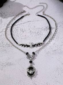 2 Pcs Vampire Gothic Style Bat Pendant Necklace , Halloween Style Bat Choker , Y2K Punk Jewelry - Bat Pendant Necklace Set - View 2
