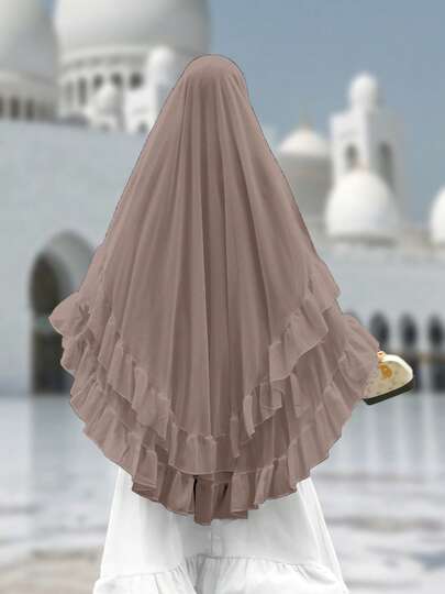 2-Layer Solid Color Arabic Chiffon Lace Trim Headscarf