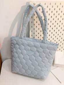 1 件女士加厚绗缝单肩托特包，秋冬新款泡泡设计，适合日常使用，上班通勤，学校，大学生，可爱清新风格，轻便可折叠布包 - 淺藍色 - 查看 11