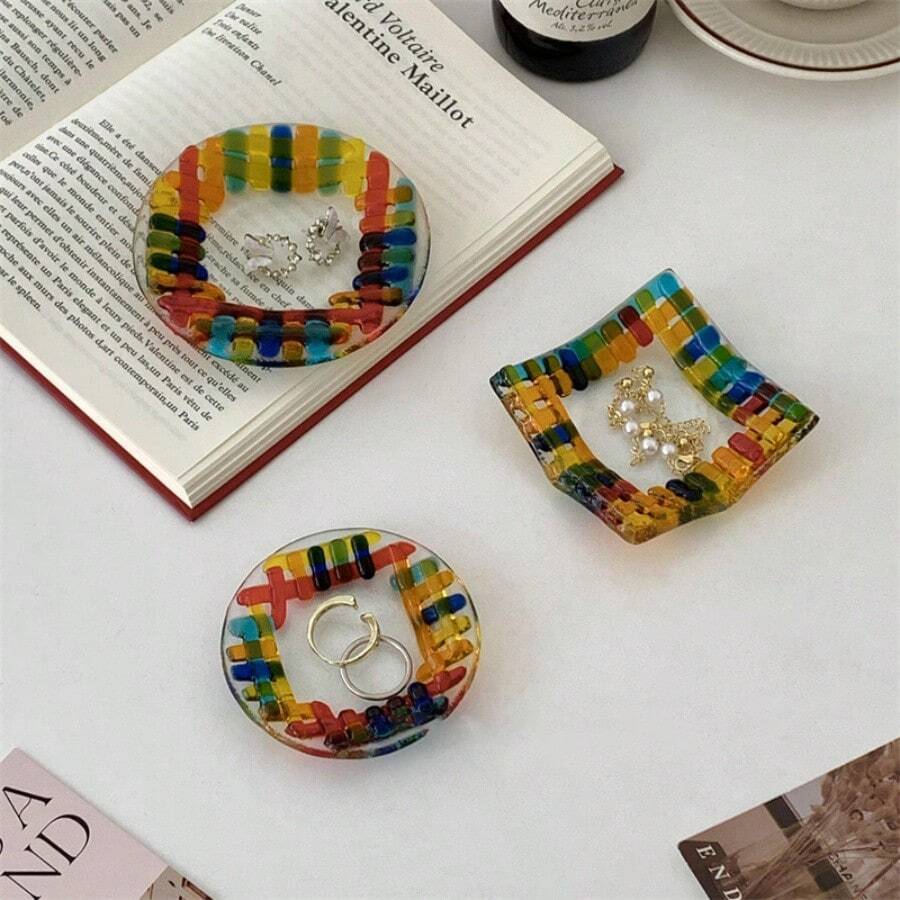 1 قطعة صينية مجوهرات من الزجاج الفسيفسائي، صحن زخرفي للأشياء الصغيرة، صينية لحفظ الخواتم، صينية عرض مجوهرات أنيقة لمنضدة الزينة أو ديكور المدخل