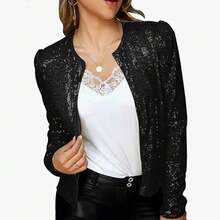 New European And American Women's Fashion Stand Collar Color Block Sequin Jacket Short Casual Versatile Small Jacket - black - 查看 1
