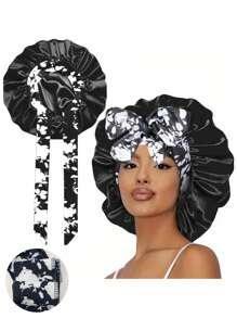 1pc Women's Printed Silky Satin Sleep Cap, Casual Comfortable Sleeping Hat (Printed Pattern Random) - Black NPSM13 - View 23