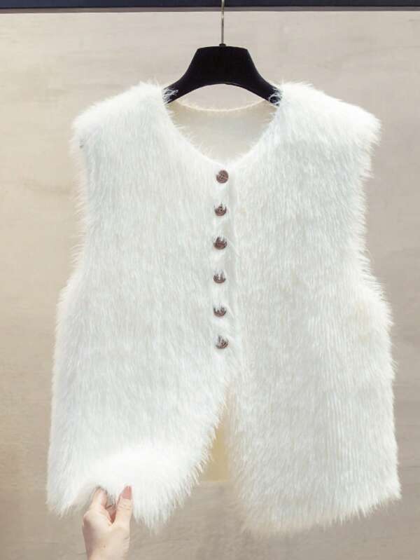 Women's Faux Mink Fur Vest, Minimalist Front Button Sleeveless Waistcoat, White Casual Vest For Autumn/Winter